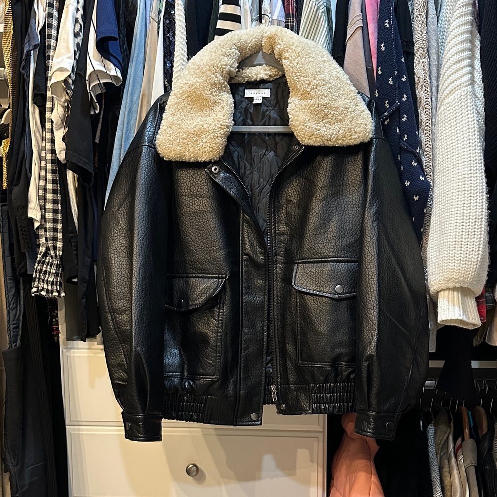 Topshop Black Aviator Jacket with Cream Shearling Collar